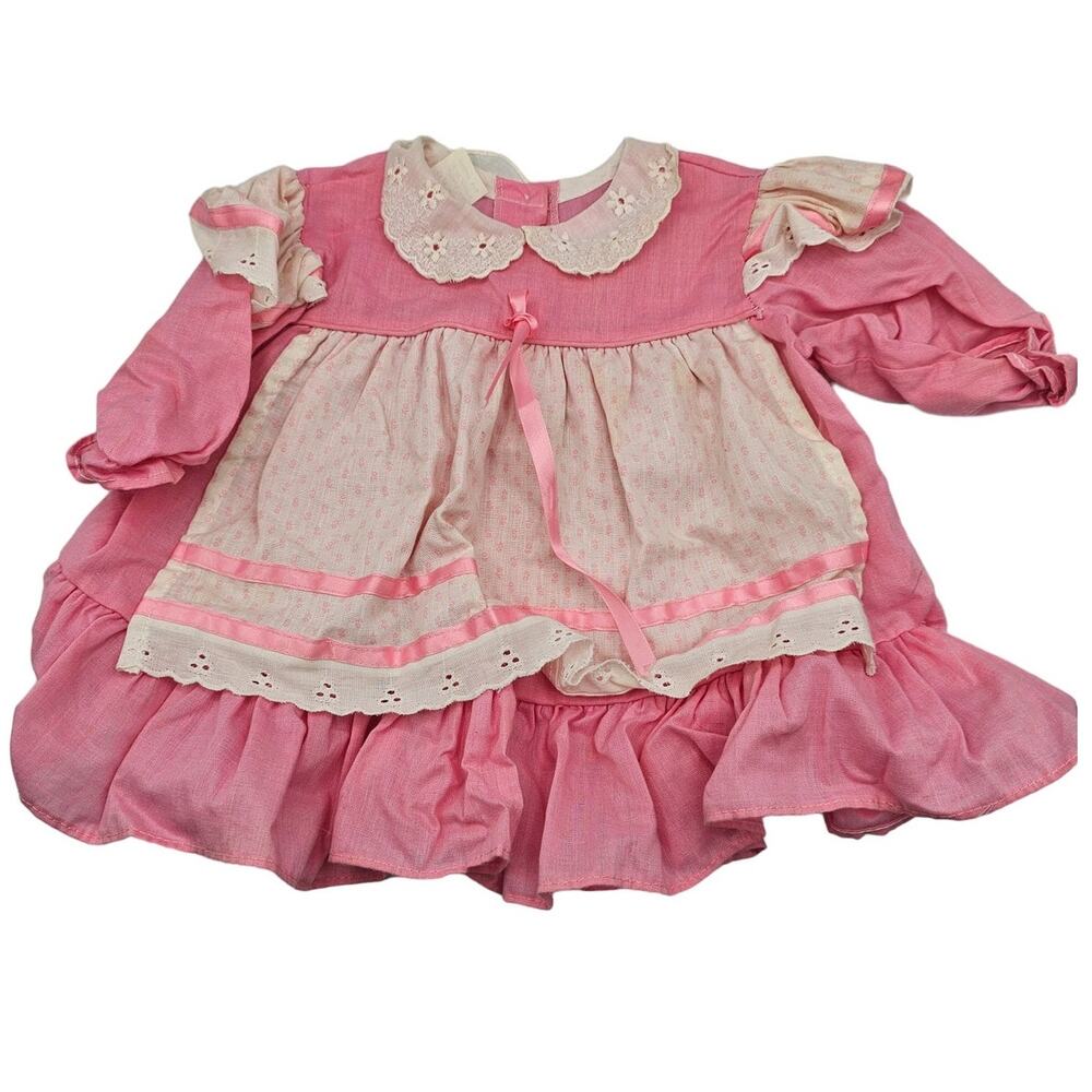 Vintage 1980s Baby Girls Sz 9M Long Sleeve Formal Dress Pink White Apron Style